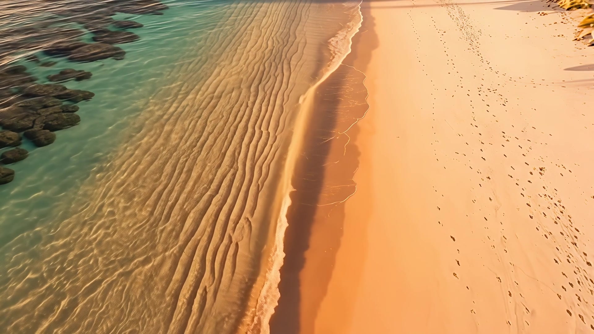 Aerial along coastline, slow forward drift (sunset)