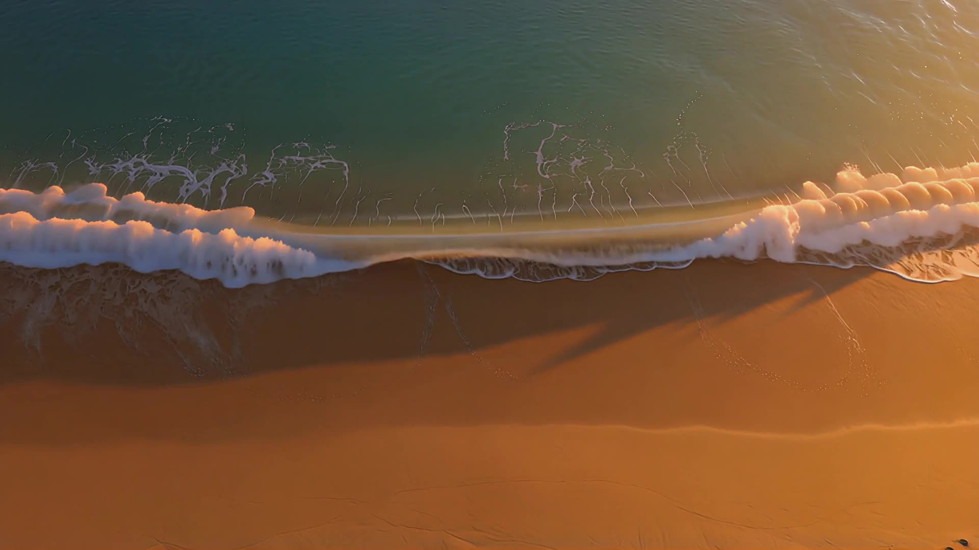 Top-down aerial of waves breaking on sand (sunset)