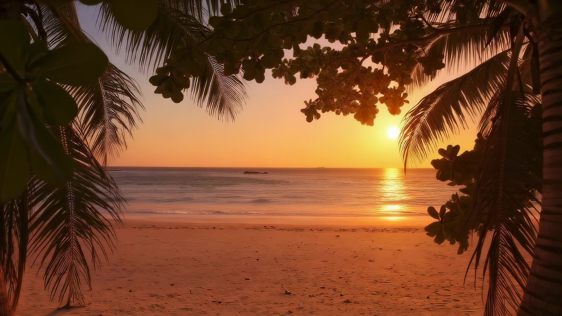 Palm leaves over beach, gentle sway (sunset)