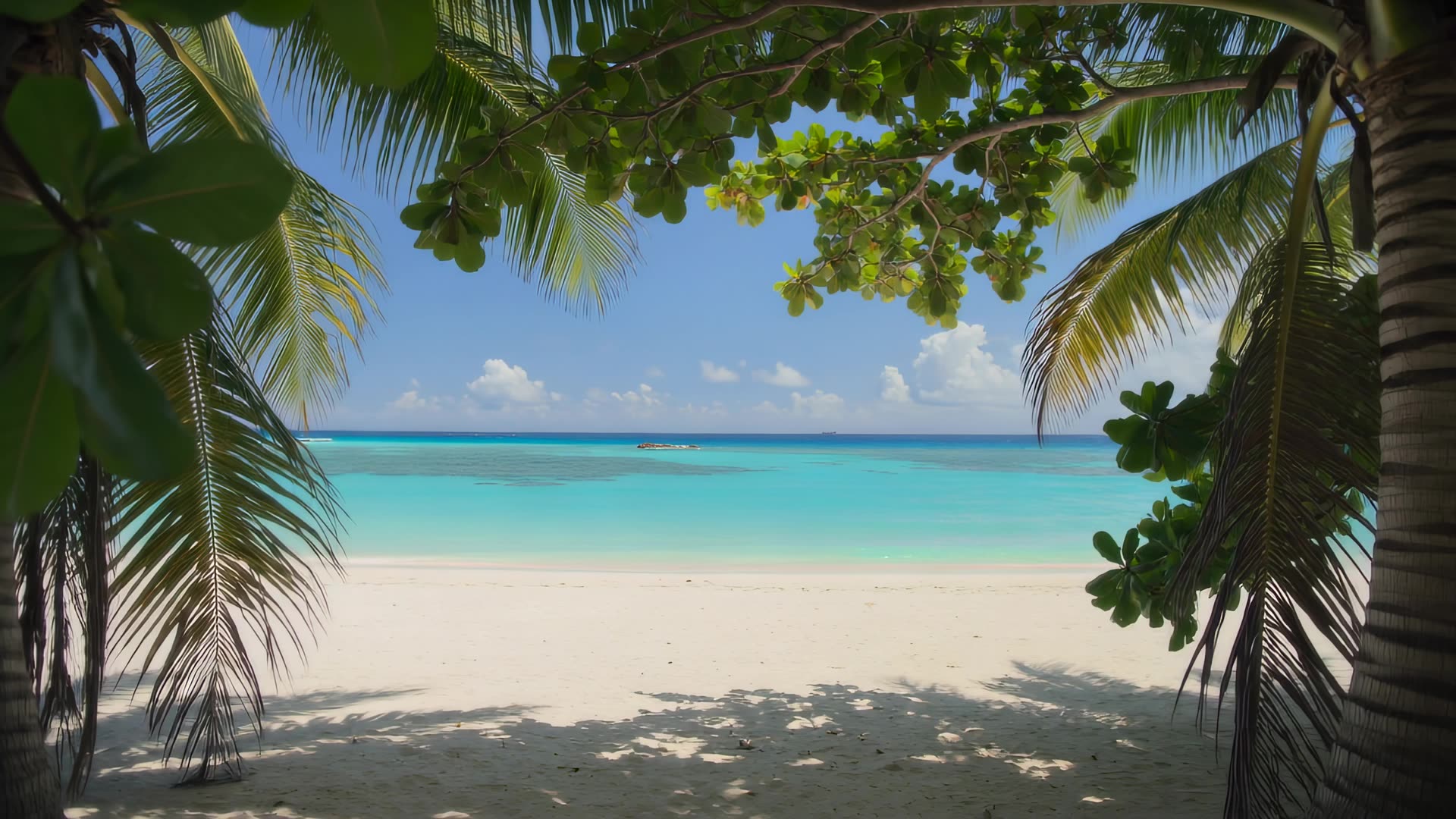 Palm leaves over beach, gentle sway