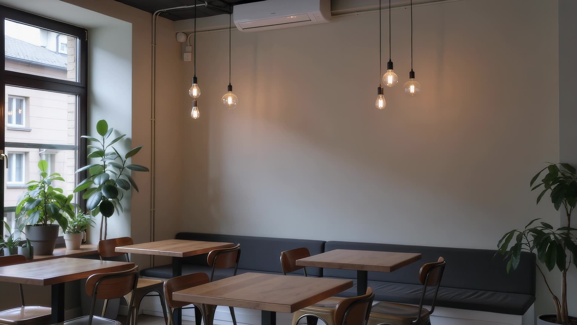 Plants and warm light in a cafe corner