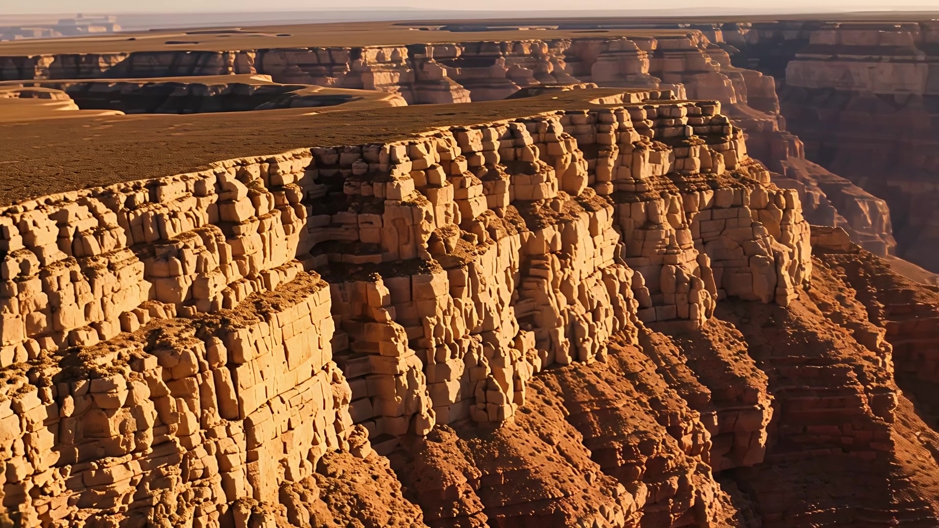 Aerial along a canyon rim (sunset)