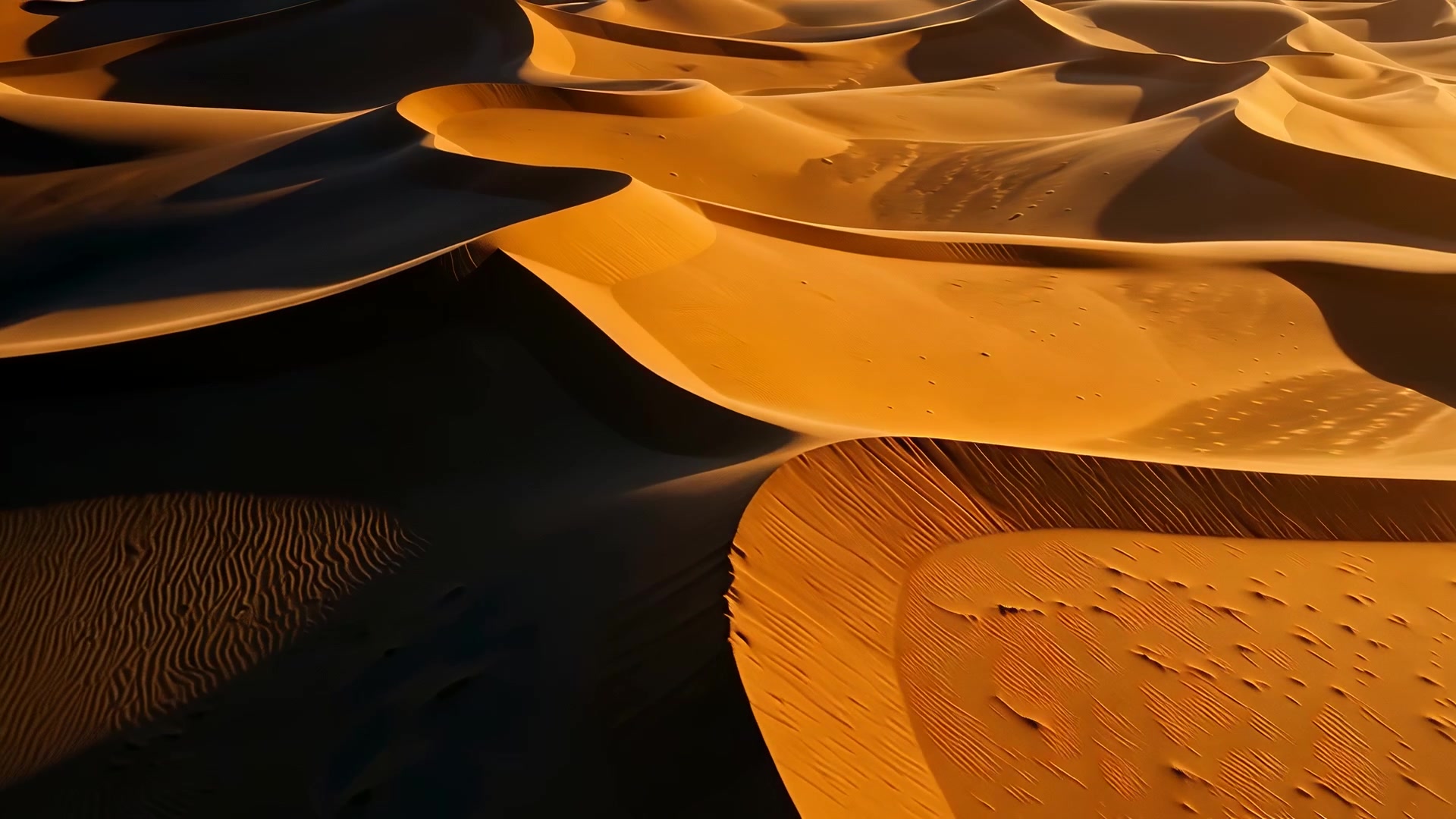 Aerial over dunes, long shadows (sunset)