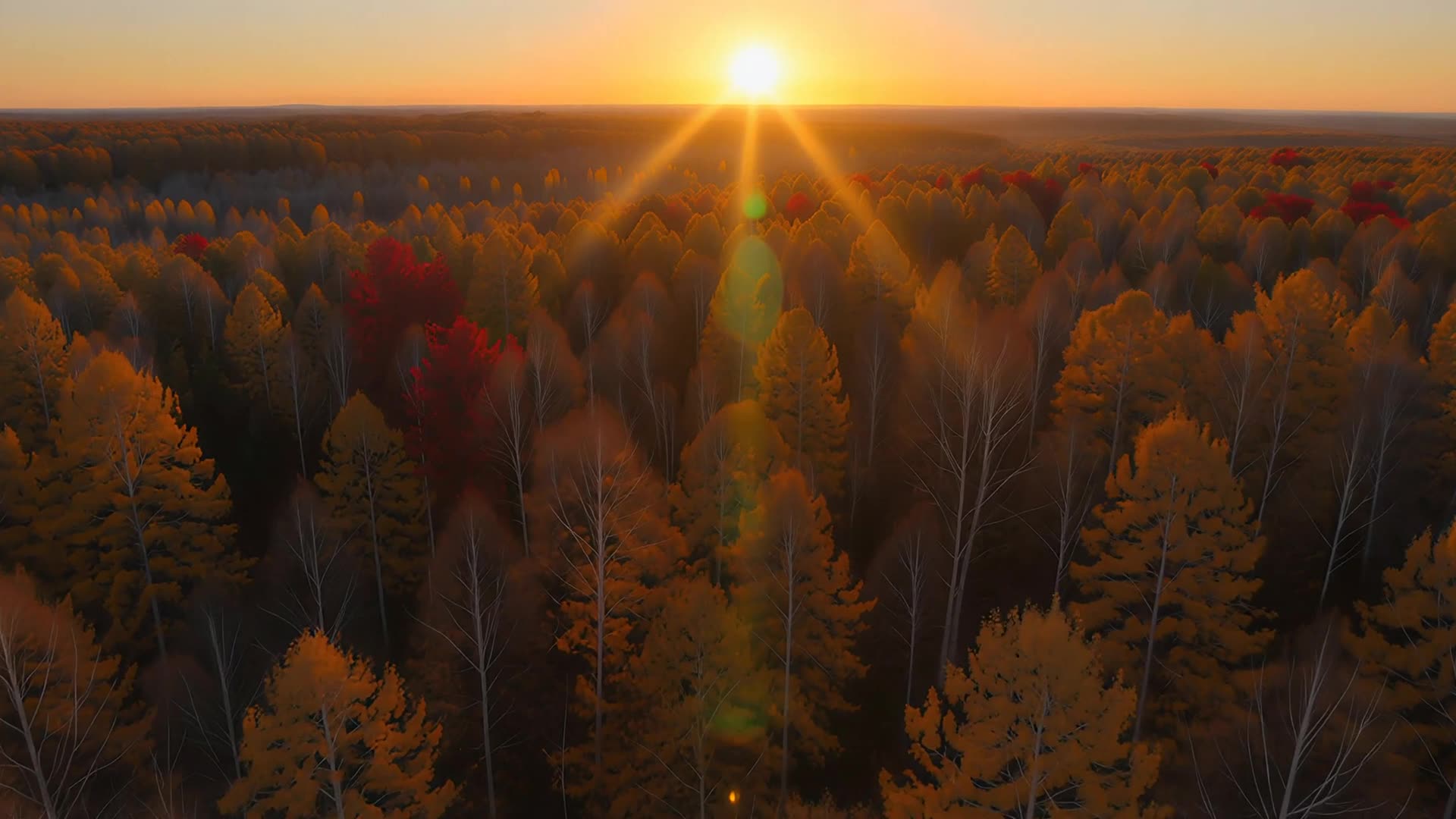 Aerial over autumn forest, gold and red, sunset version
