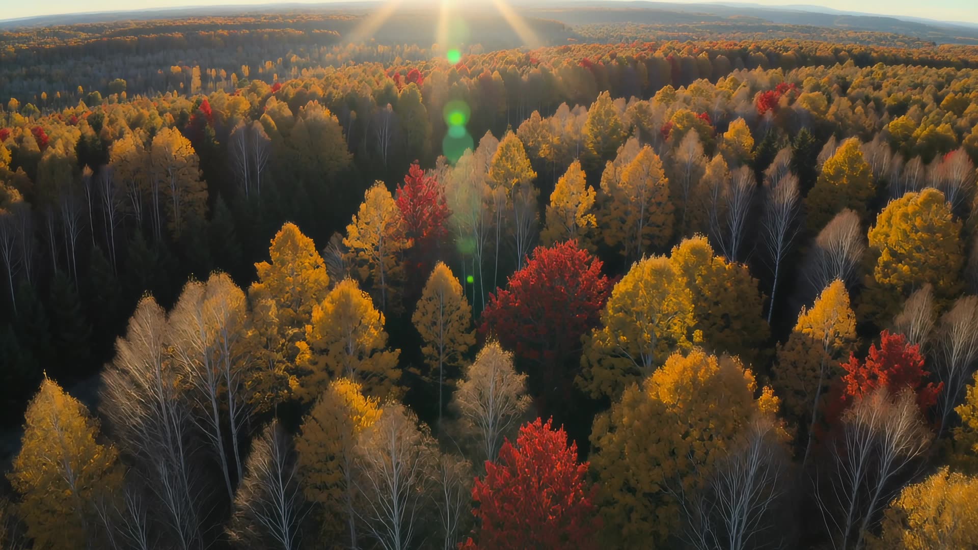 Aerial over autumn forest, gold and red