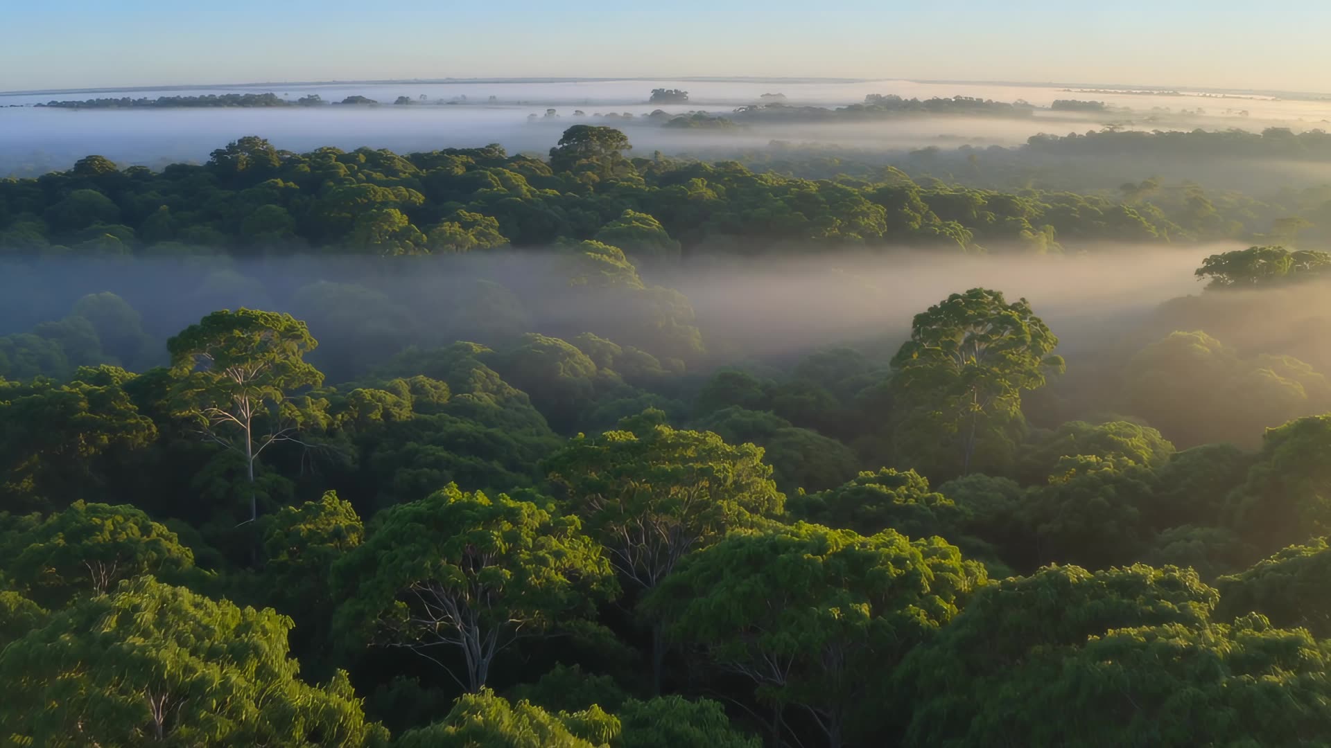 Aerial over dense green canopy, slow drift