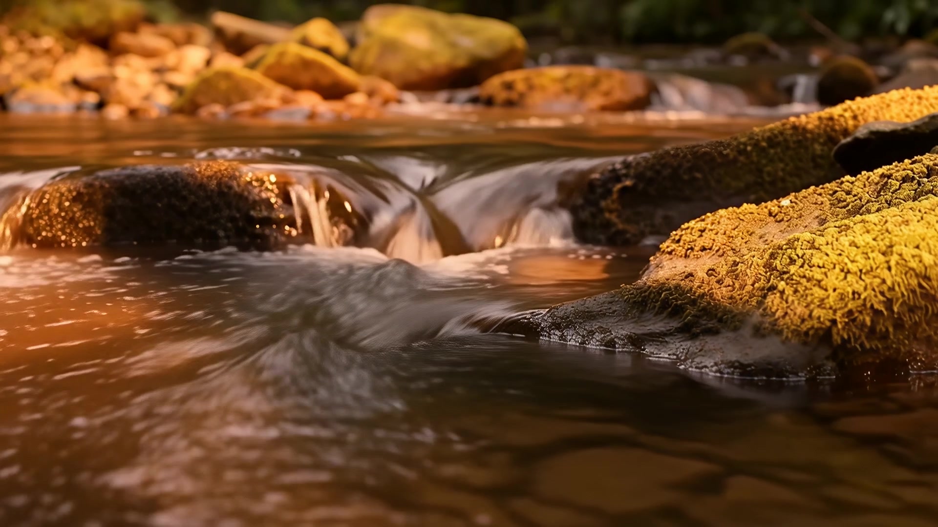 Creek flowing over mossy rocks, sunset version