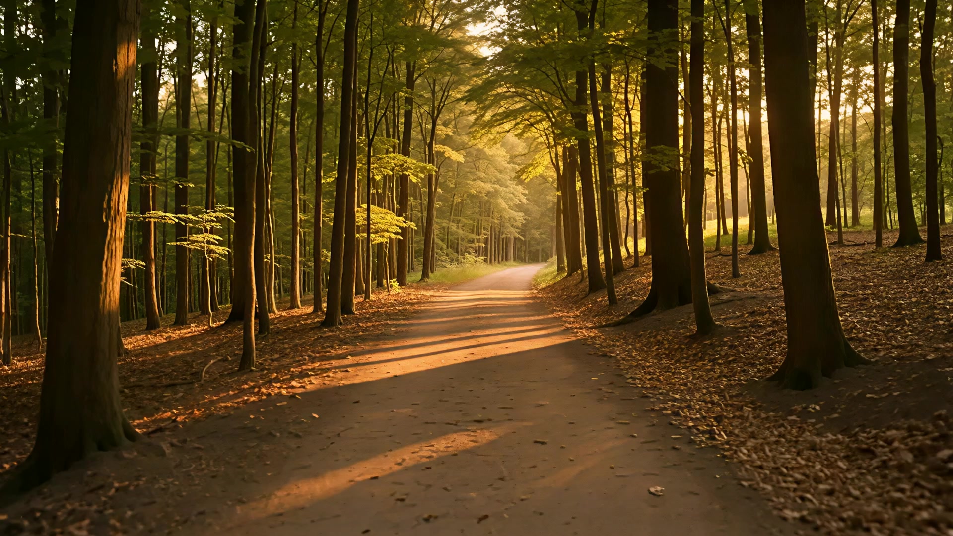 Tree-lined forest path (sunset)