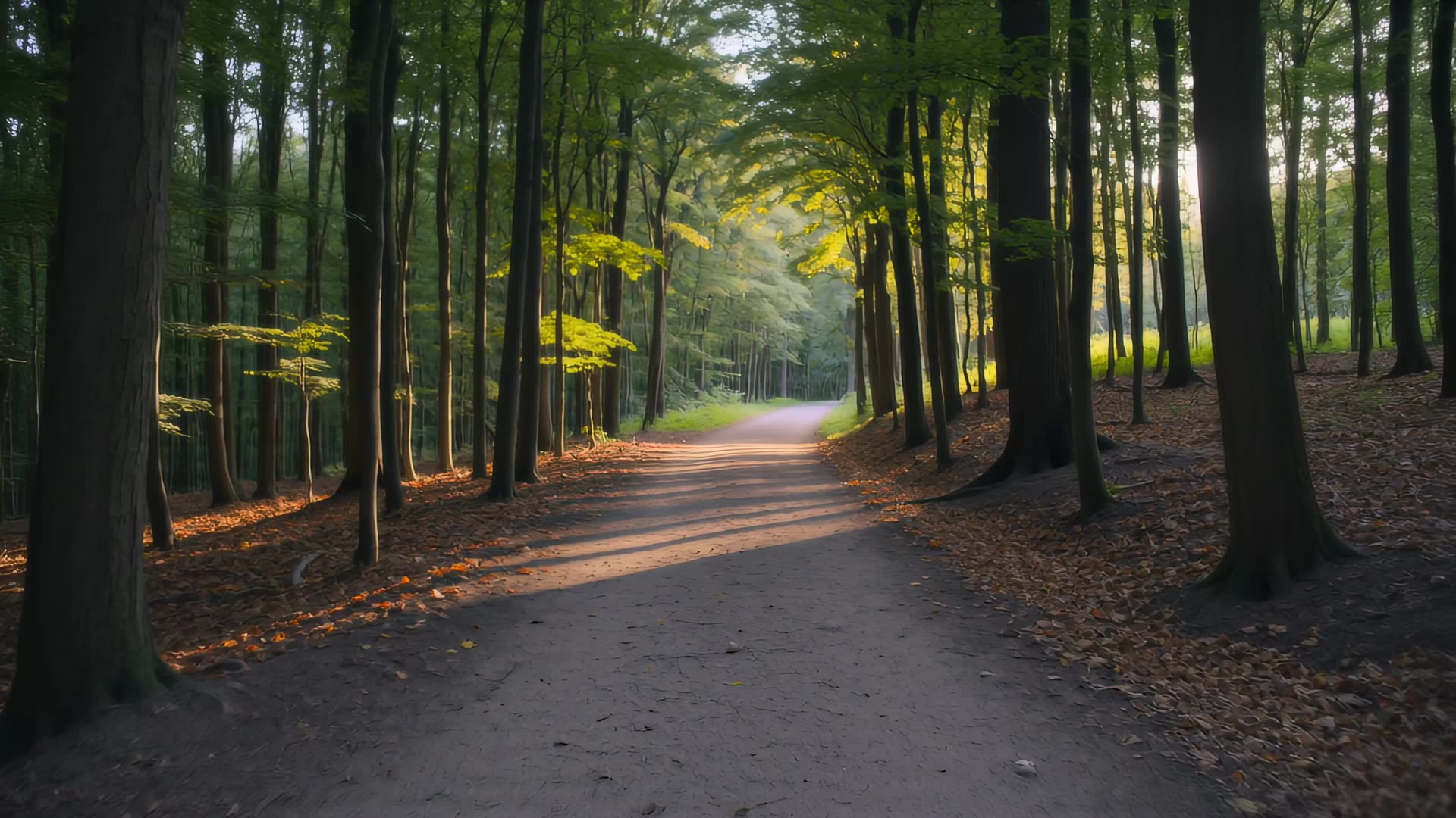 Forest path in golden evening light
