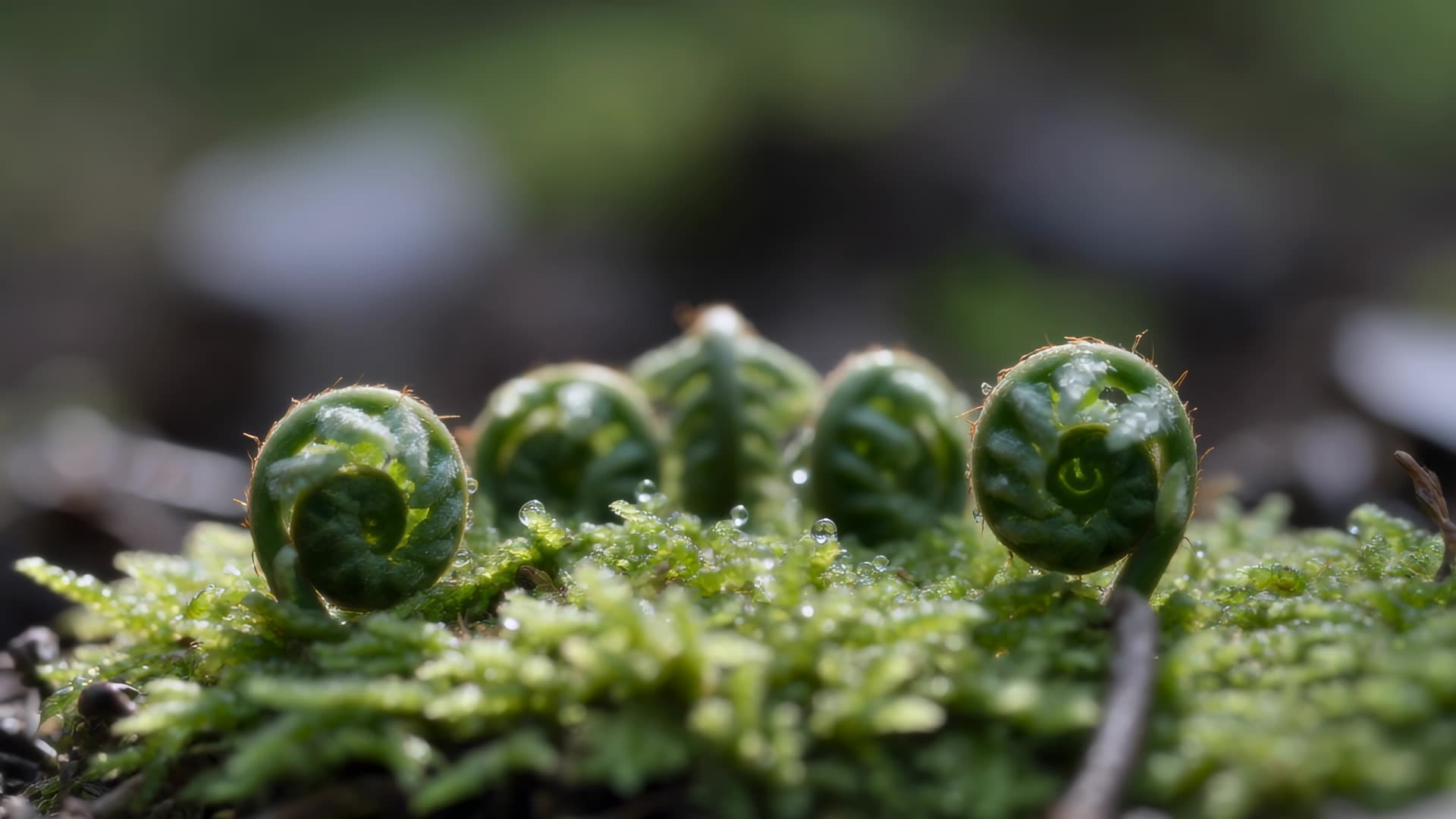Moss and ferns close-up, dew drops