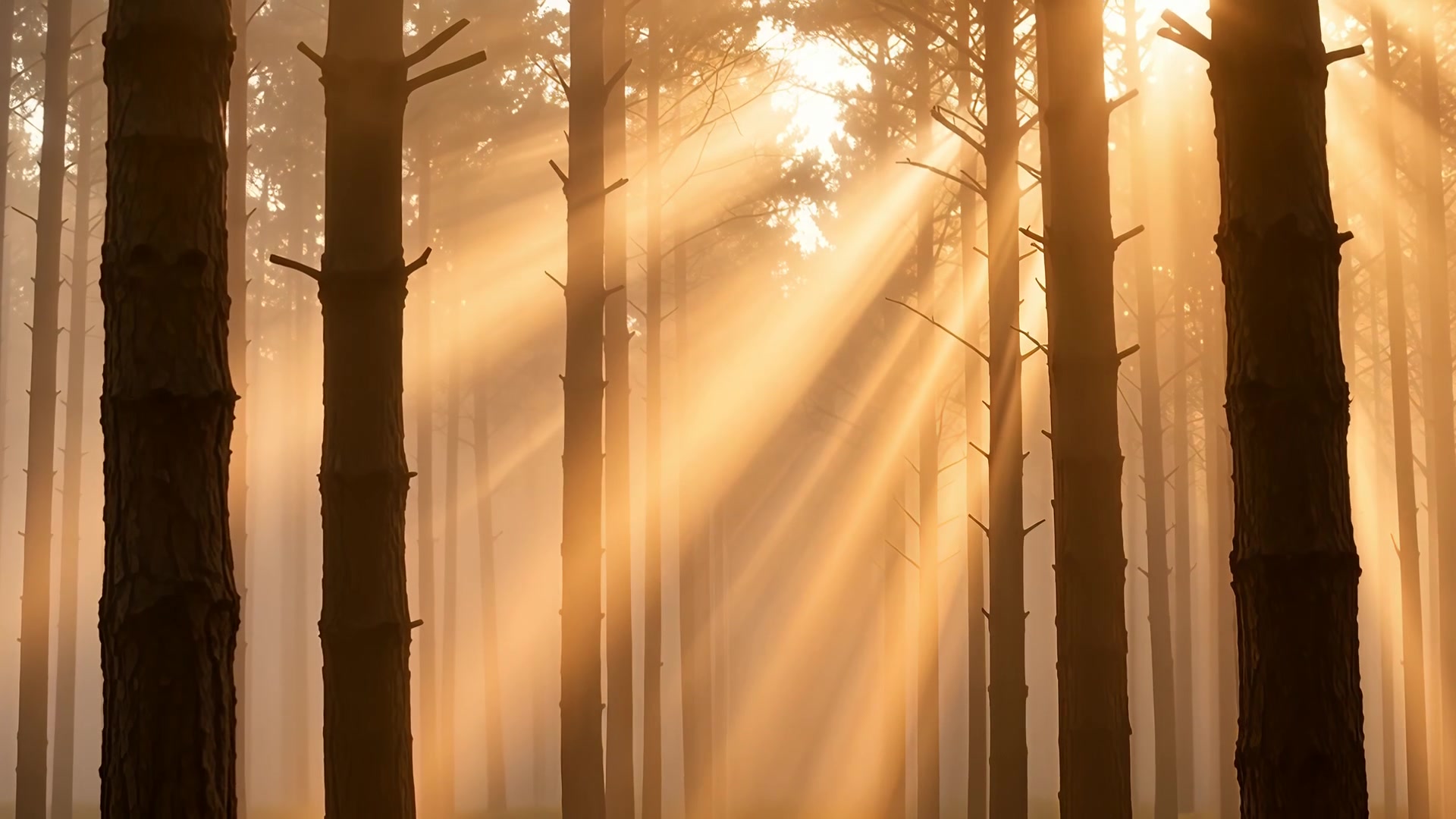 Sunbeams through misty trees (sunset)