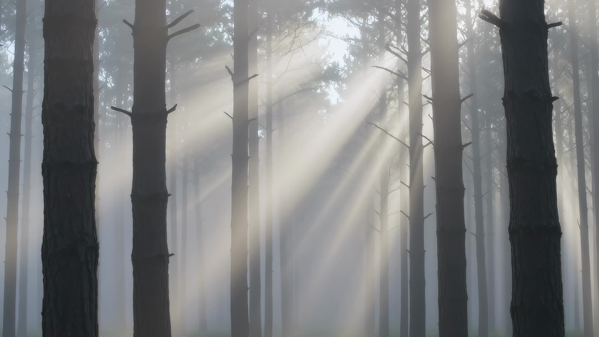 Sunbeams through misty trees