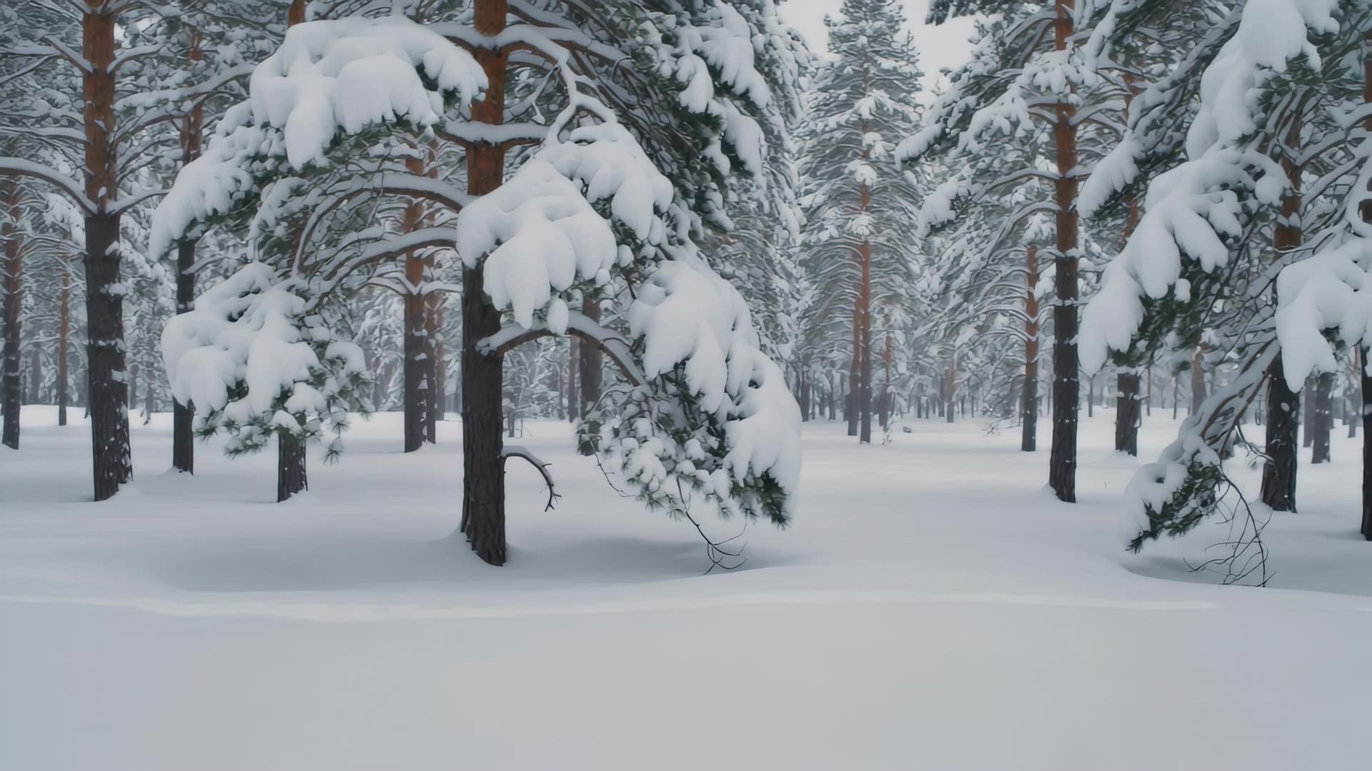 Snow-covered pines, falling snow