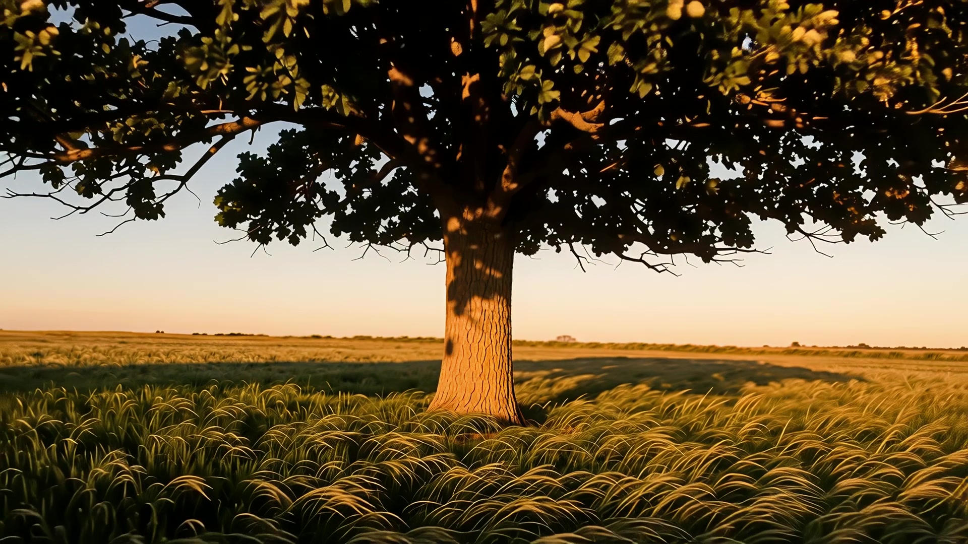 Lone tree in an open field, sunset version
