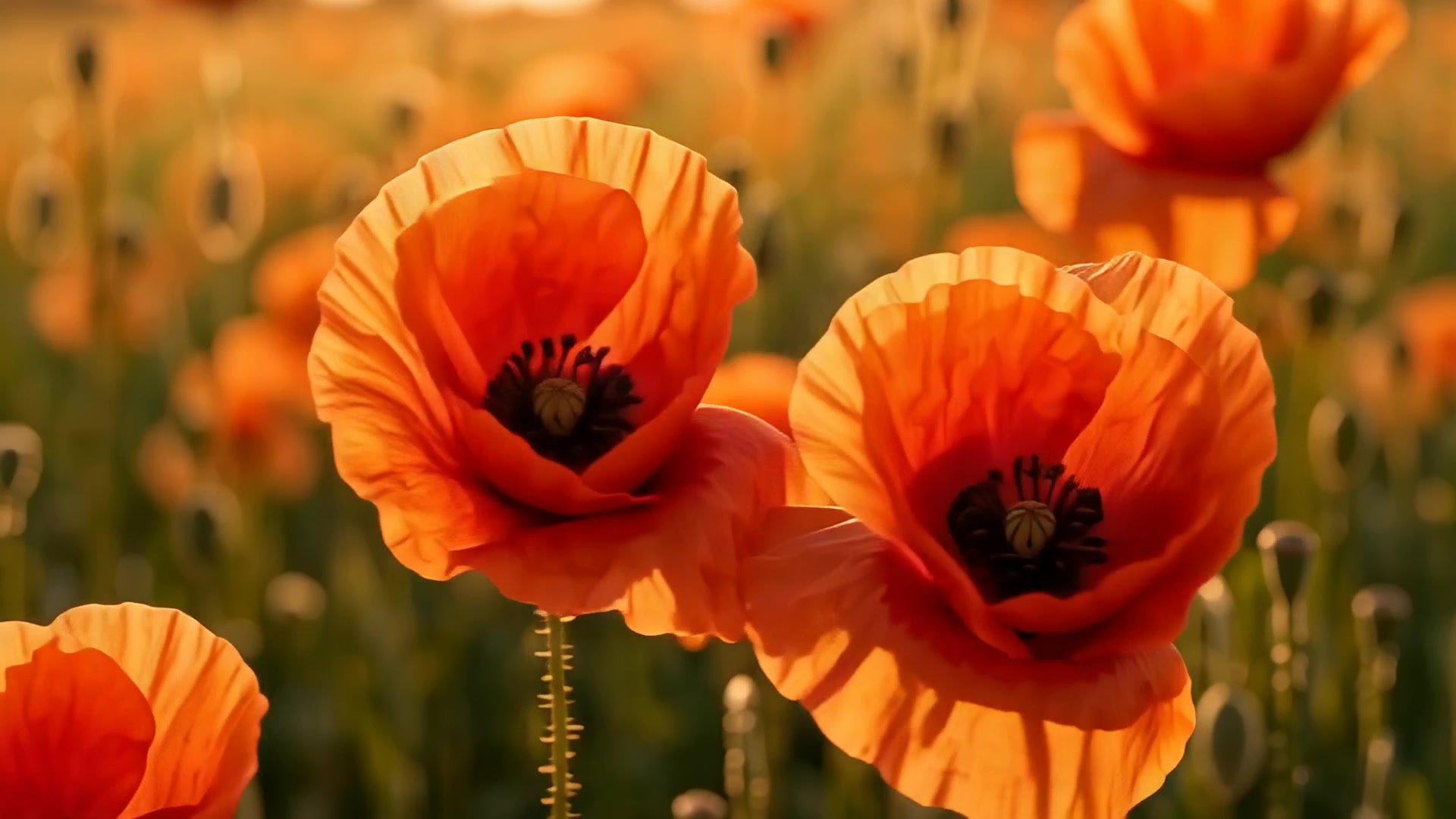 Red poppies moving in the wind, sunset version