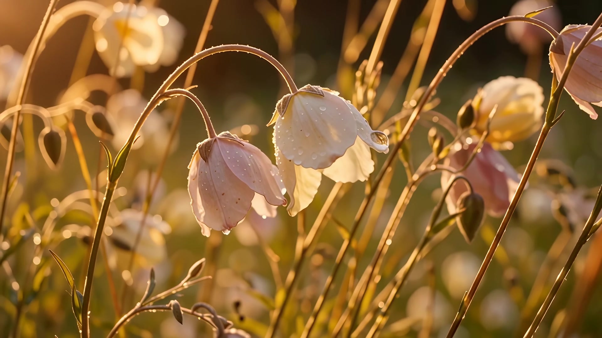 Wildflowers swaying, close-up, sunset version