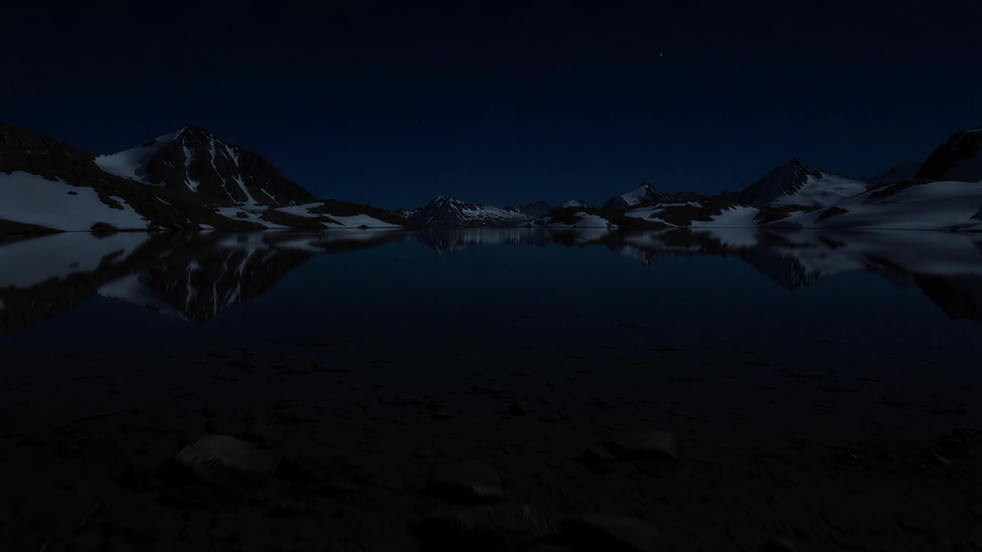 Mirror-still alpine lake reflection, night version