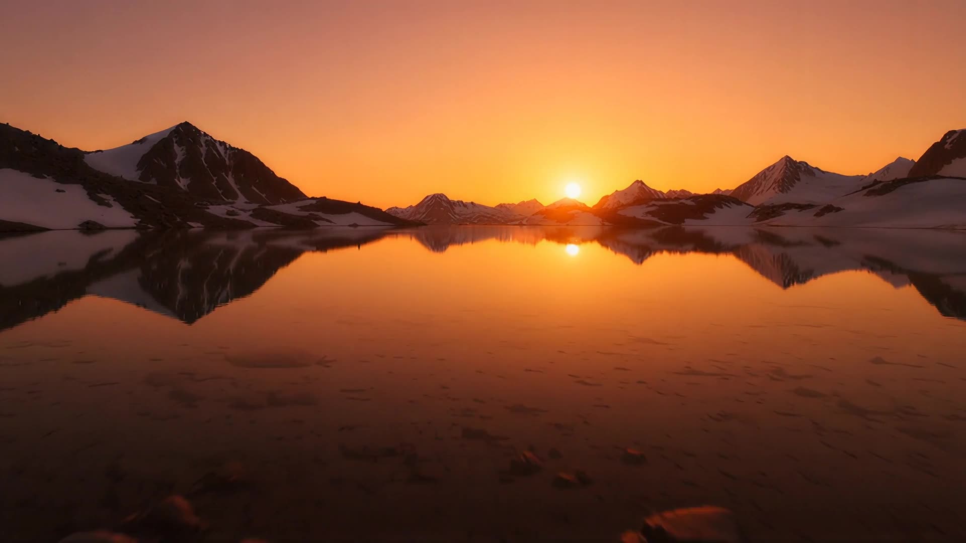 Mirror-still alpine lake reflection, sunset version