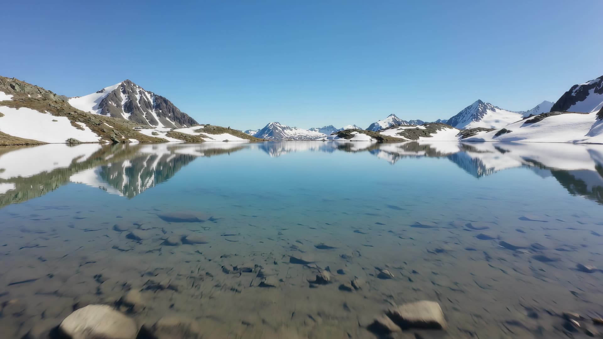 Mirror-still alpine lake reflection