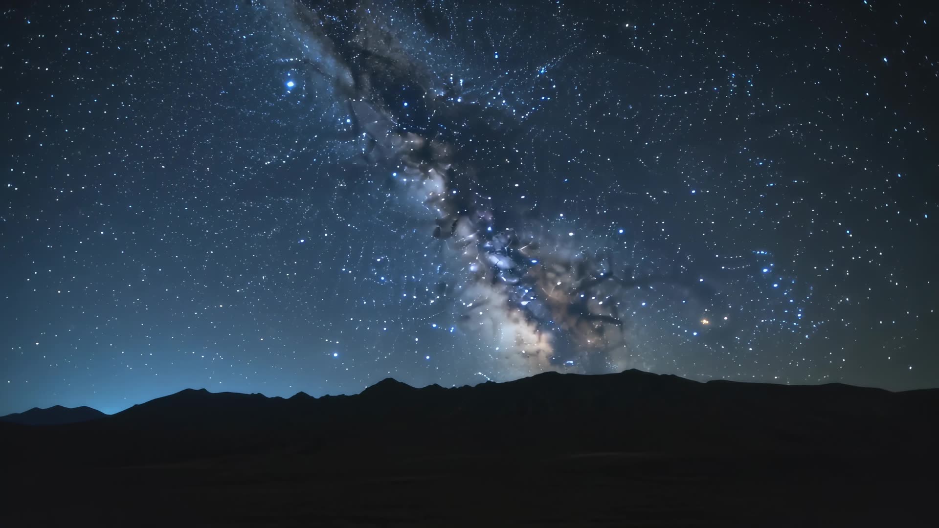 Starry night sky over mountain silhouette