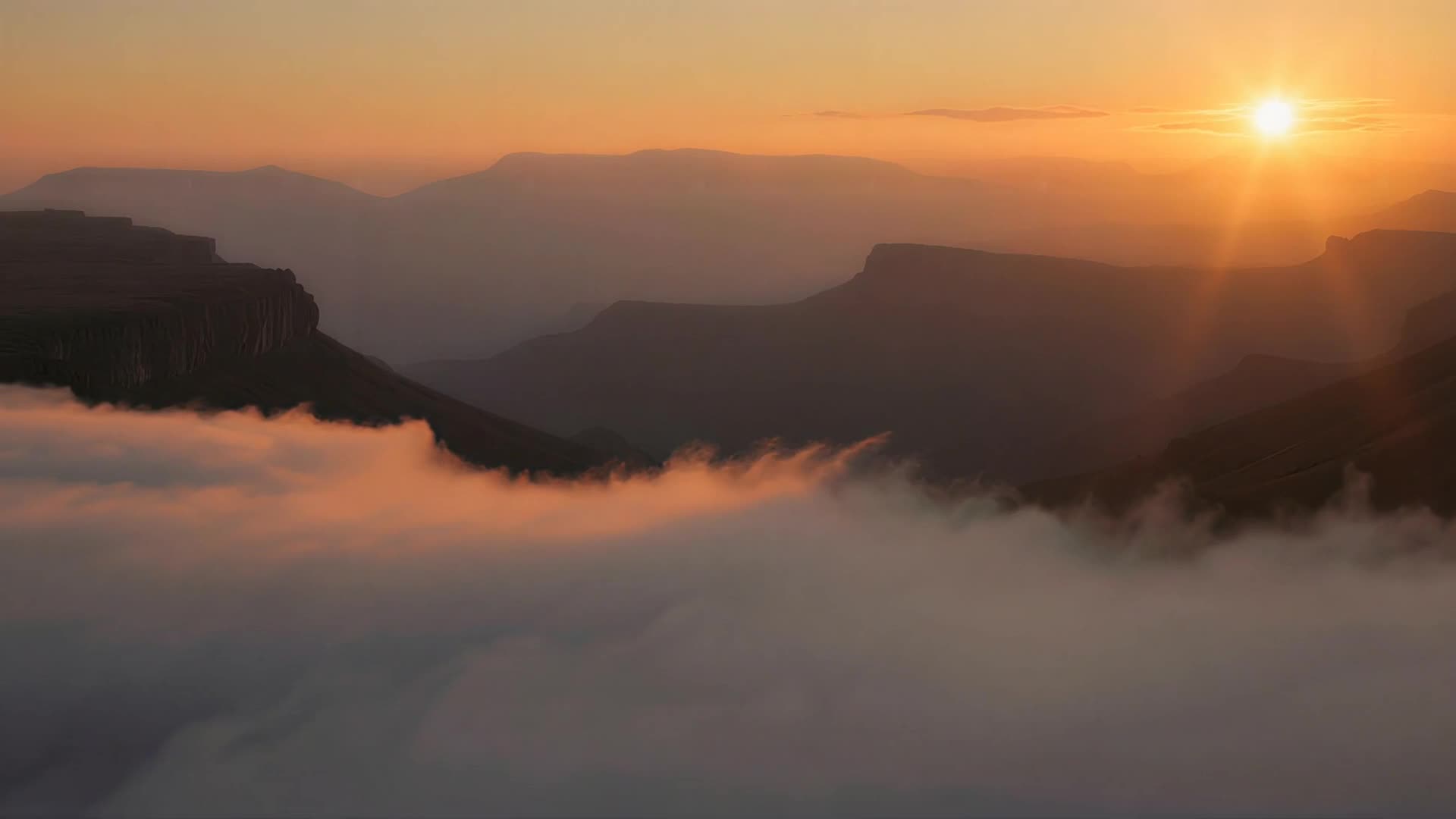 Misty valley, slow drift, sunset version