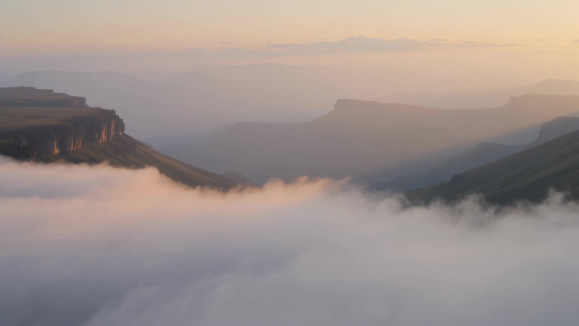 Misty valley at dawn, slow drift