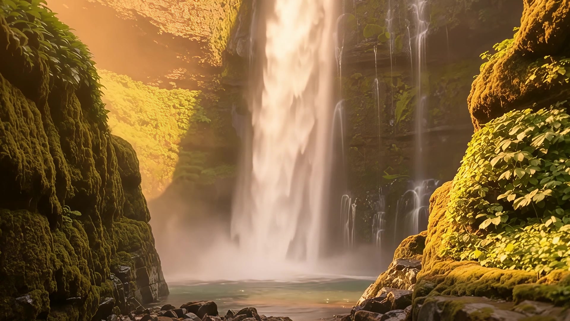 Waterfall cascading through mossy gorge (sunset)