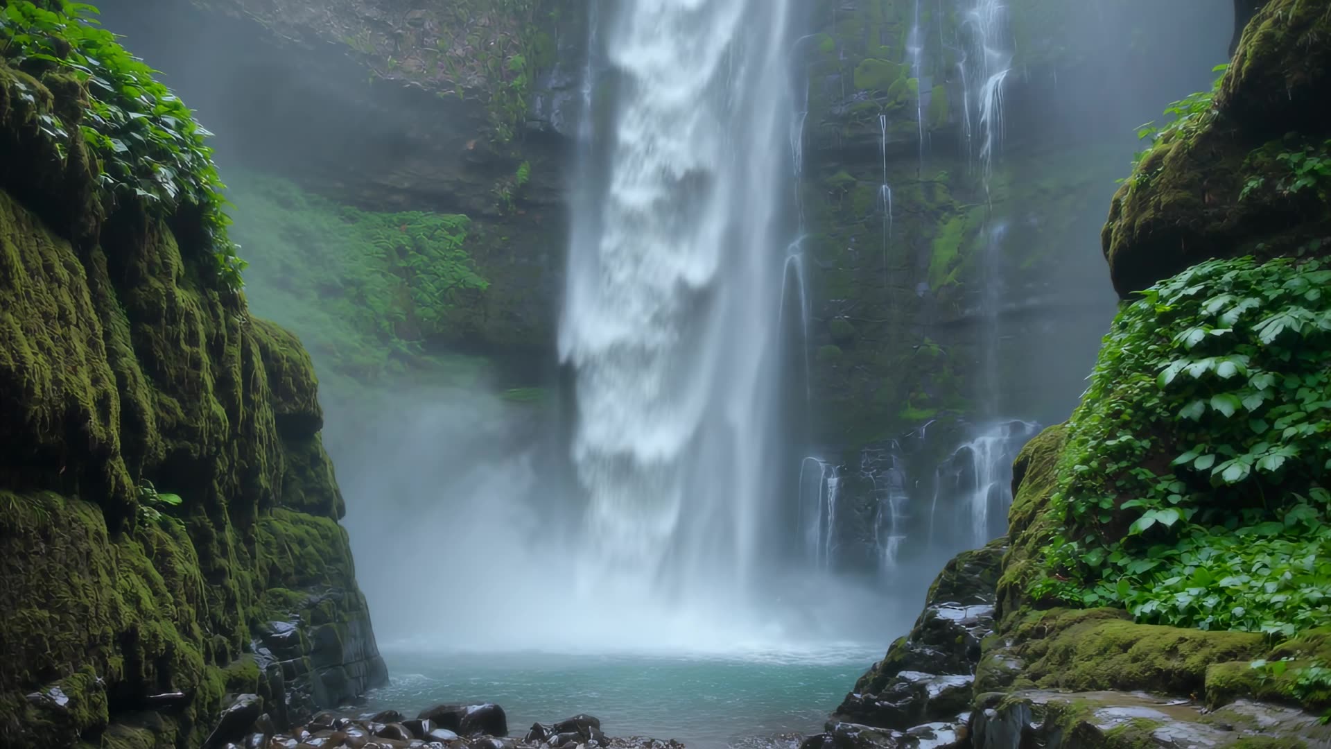 Waterfall cascading through mossy gorge