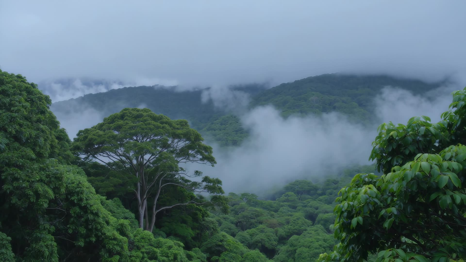Rain over misty forest