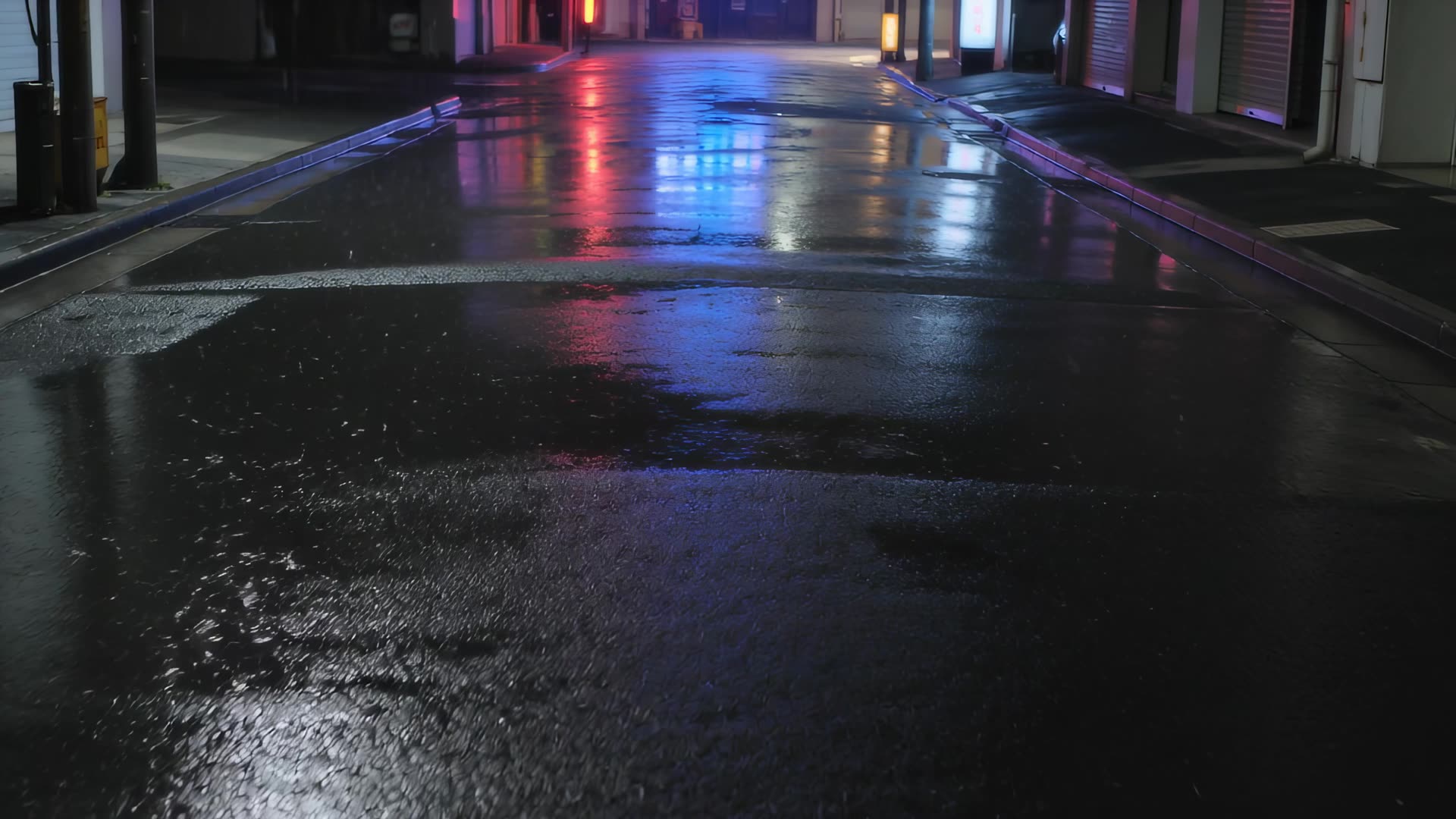 Wet street with neon reflections at night
