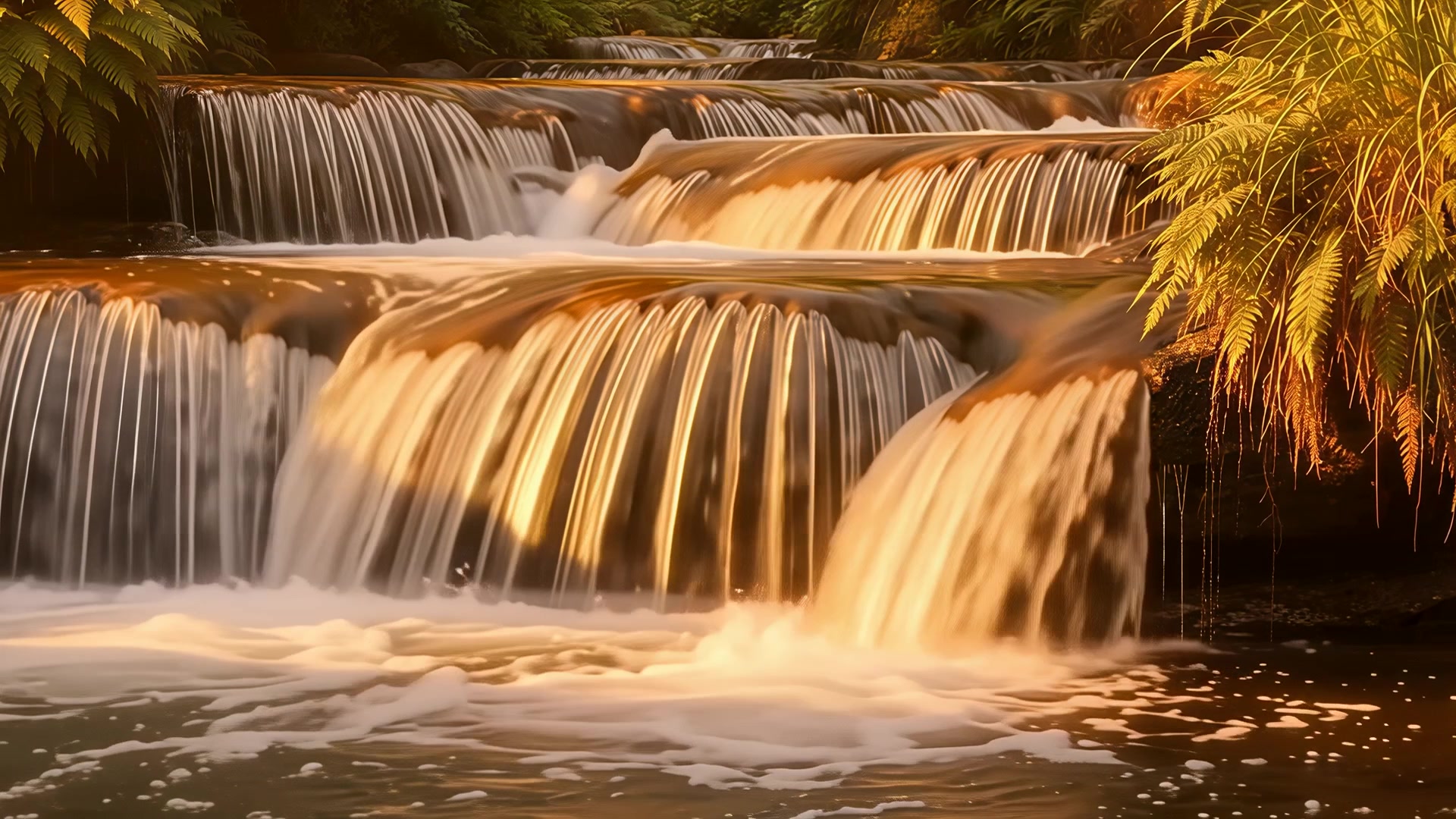 Stepped cascades over rock ledges (sunset)