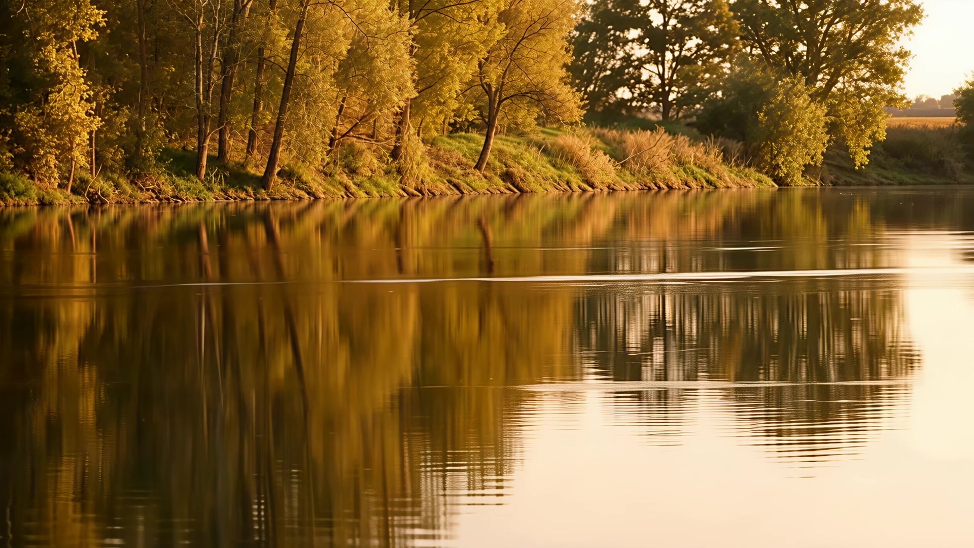 Still river reflecting the bank, sunset version