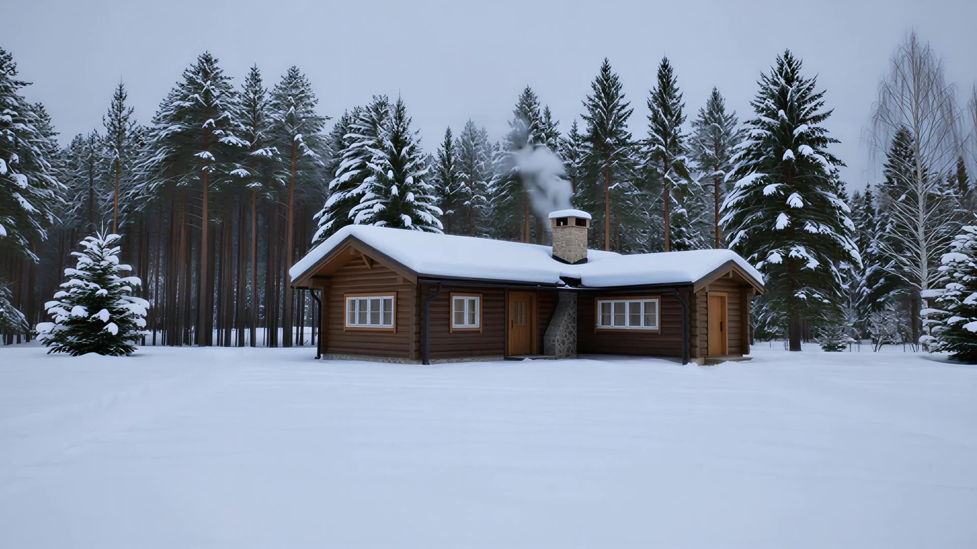 Snow-covered cabin, lit windows, day version
