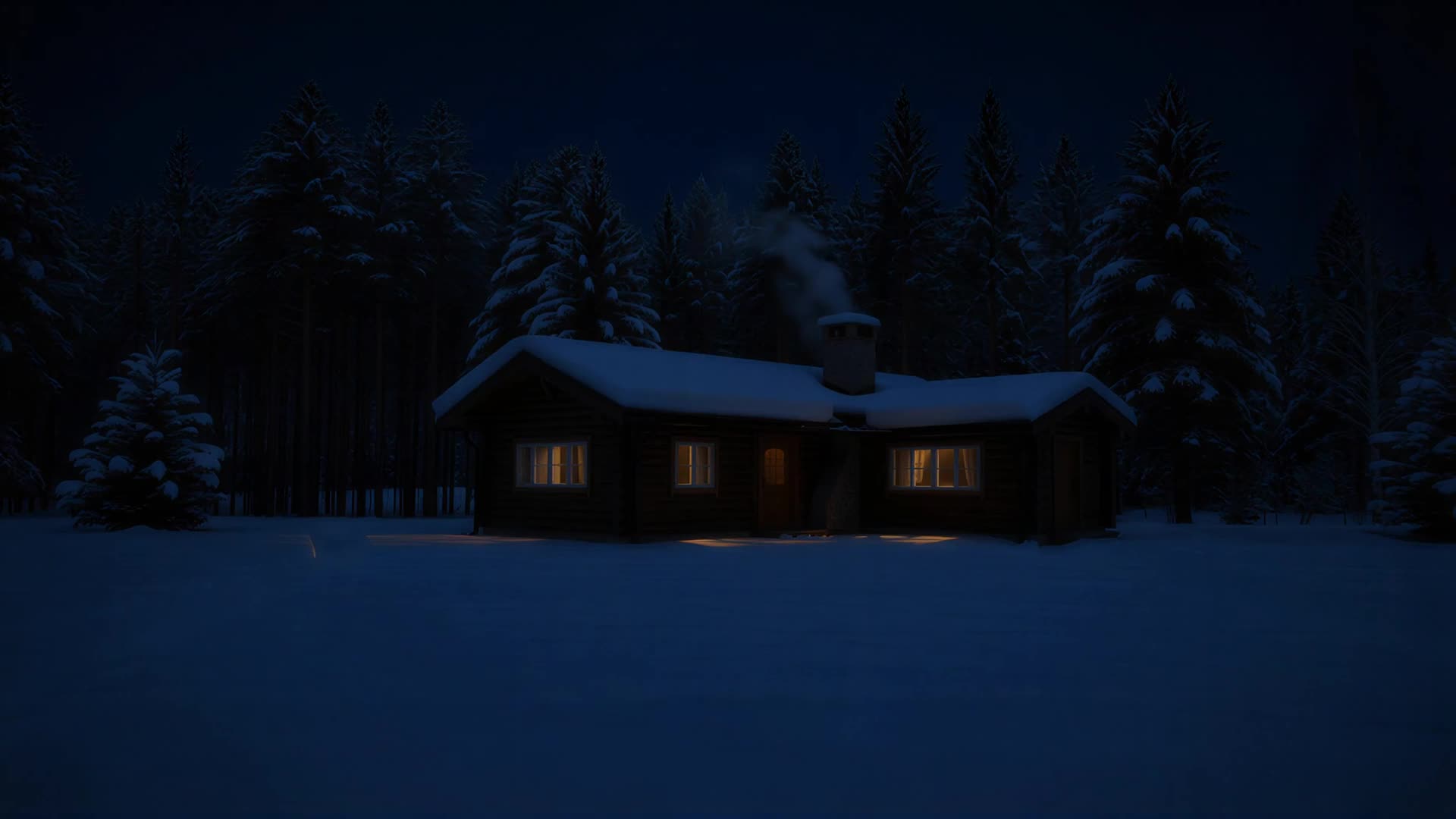 Snow-covered cabin, lit windows (night)