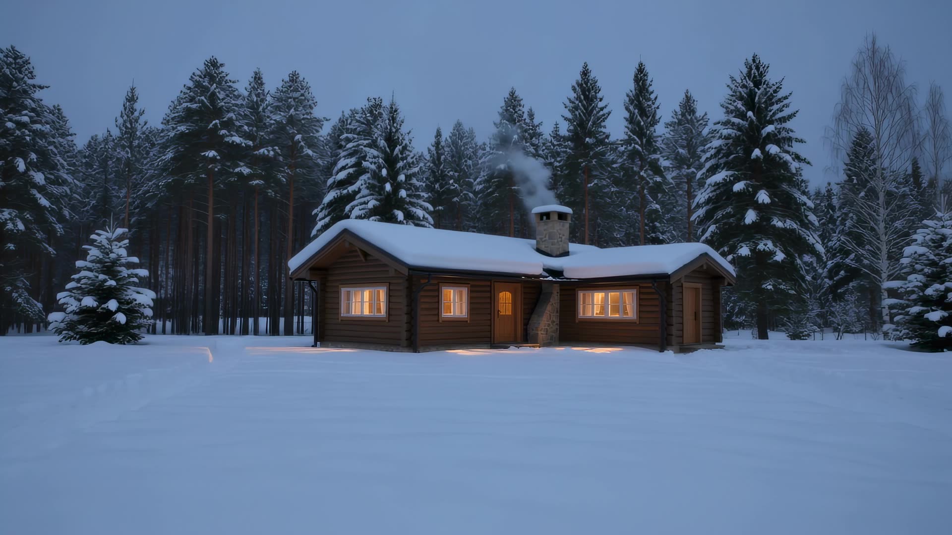 Snow-covered cabin at dusk