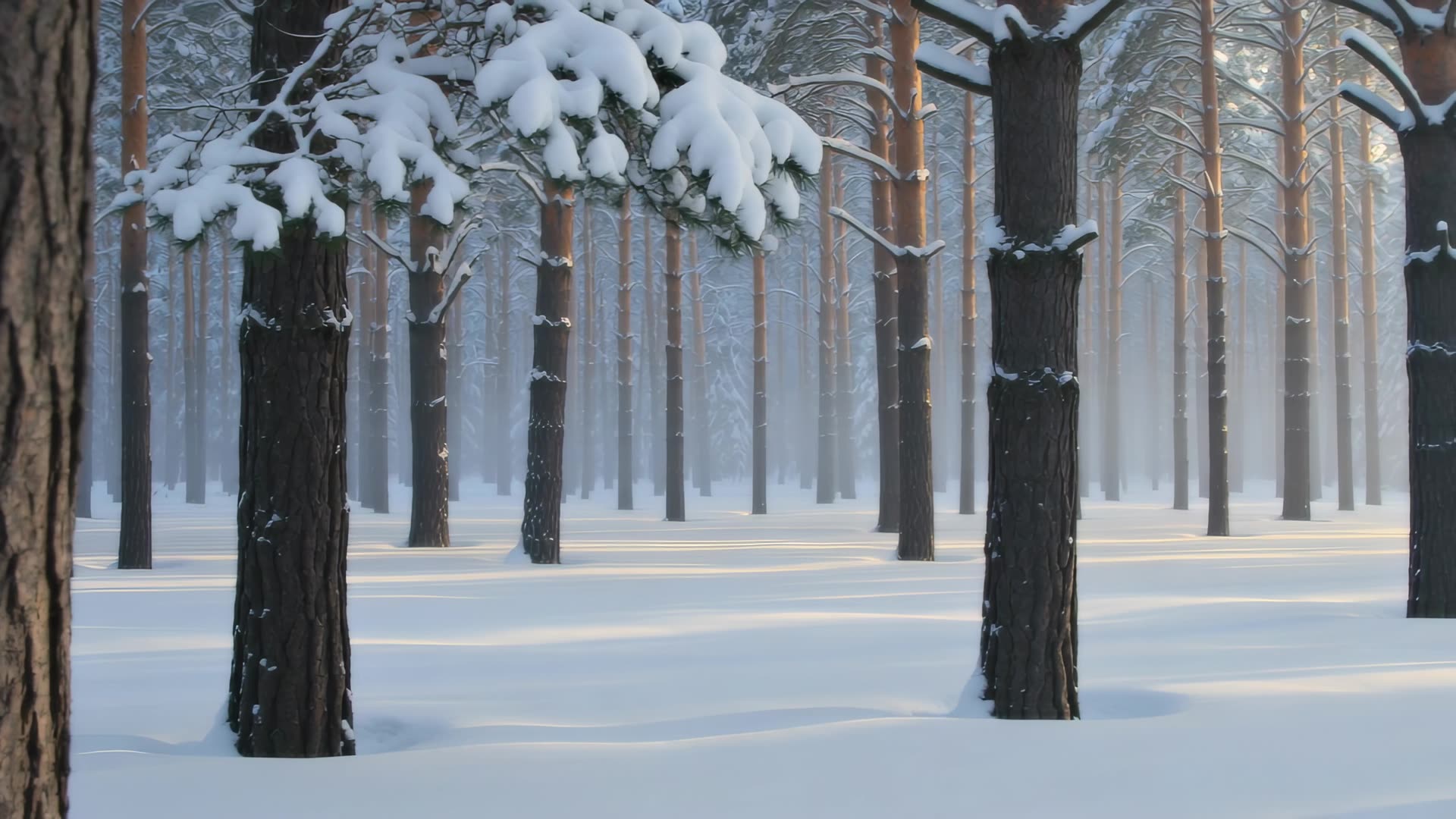 Snowy forest, slow lateral pan